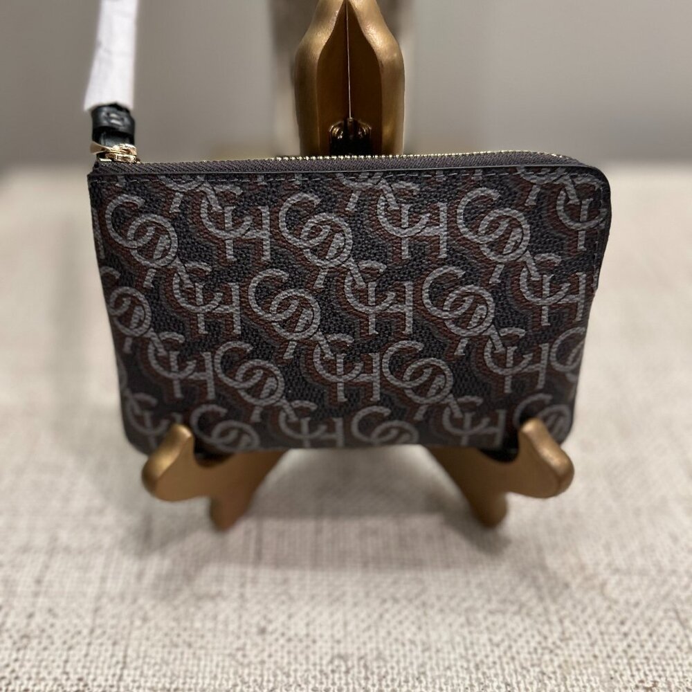 Coach Brown Logo Print Zip Wristlet